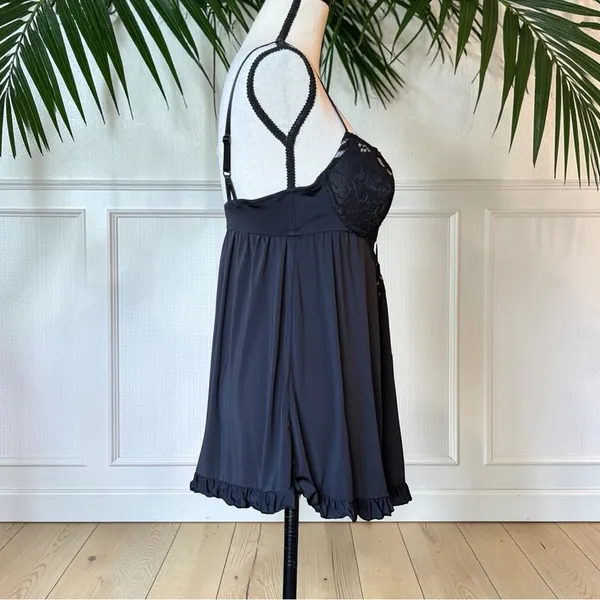Black Lace Babydoll Lingerie Chemise Ruffle Hem Romantic Sheer Nightie Size M - Image 2