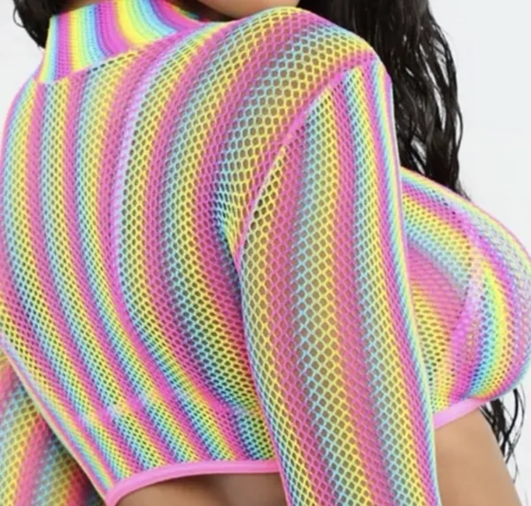 Leg Avenue Rainbow Fishnet Long Sleeve Crop Top - Image 4