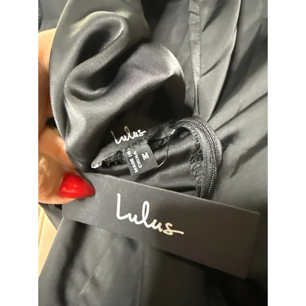 NWT Lulus Classic Elegance Black Satin Sleeveless Mock Neck Mini Dress Size M - Image 6