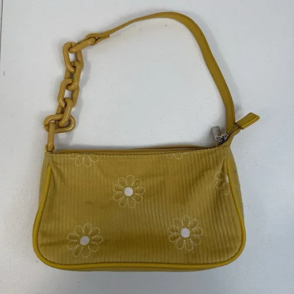 Art Class Y2K‎ Style Mini Bag Wristlet Yellow Corduroy Purse Embroidered Flowers Cottage - Image 3