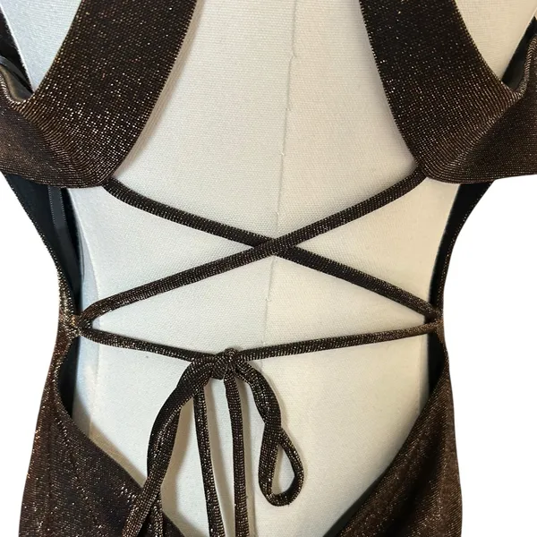Blondie Nites by Stacy Sklar NWT Mini Halter Dress SZ 11 Black Gold Shimmer - Image 5