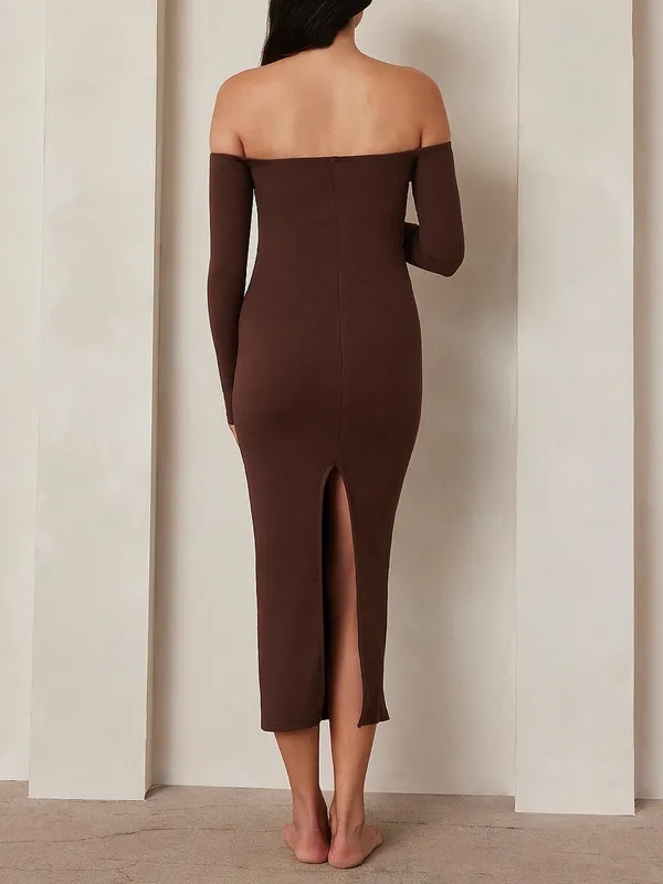 NWT Bumpsuit Sculpting Rib Off Shoulder Maternity Dress XS Brown Bodycon Midi - Image 4
