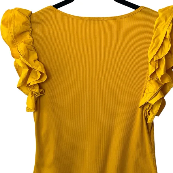 Ulla Johnson‎ Koa Ribbed Knit Top Golden Yellow Ruffle Sleeve Feminine Dainty L - Image 7