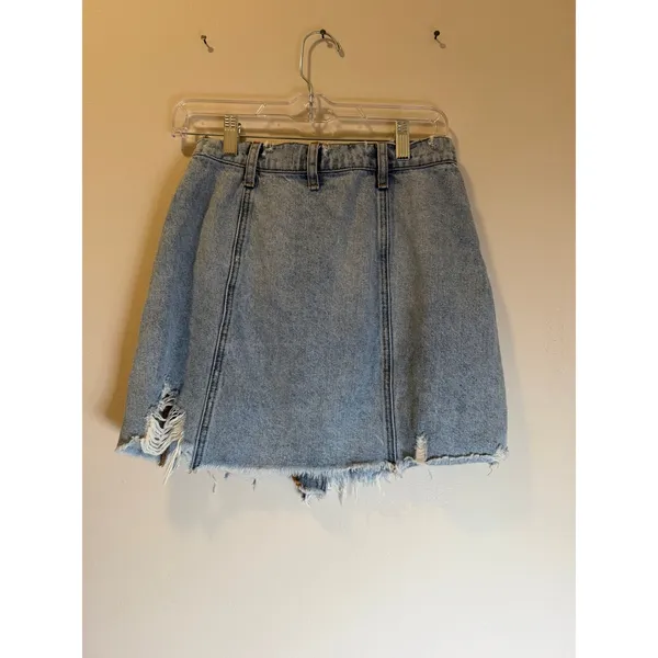 We The Free Free People Distressed Denim Mini Skirt Crossover Waist 26 - Image 3