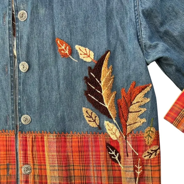 Vintage 90s Keren Hart Fall Autumn Leaf Embroidered Denim Button Down Orange M - Image 6