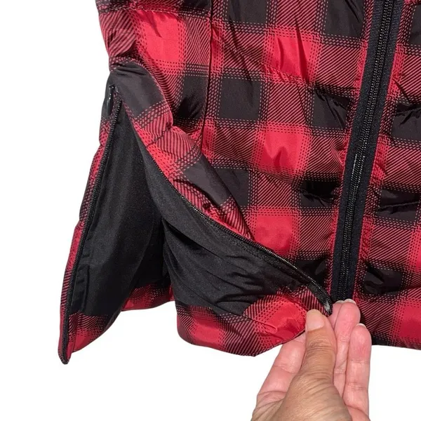 J. Jill Womens Buffalo Plaid Full Zip Quilted Puffer Long Down Vest Red Black XS - Image 5