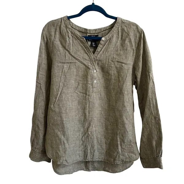 Jones New York Linen Tunic Women Large Olive Green Coastal Boho Henley Roll Tab‎ - Image 2