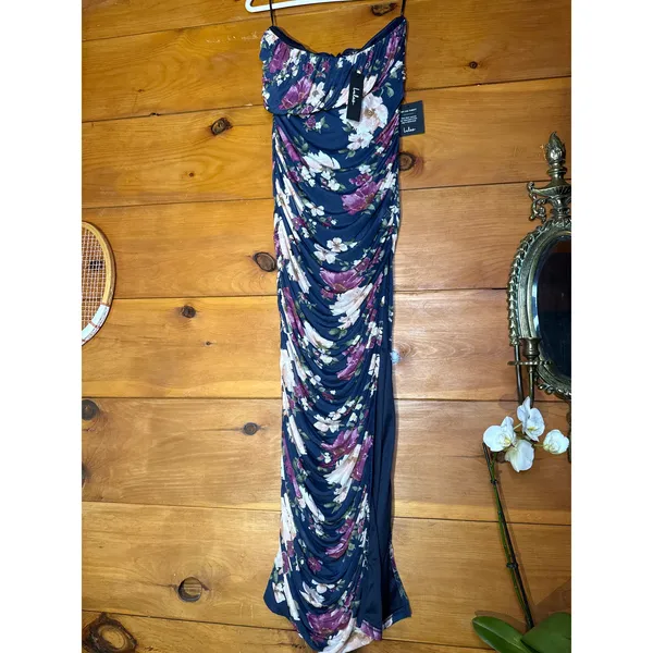 NWT Lulus Averie Navy Floral Mesh Strapless Maxi Dress Ruched Bodycon Cruise L - Image 2