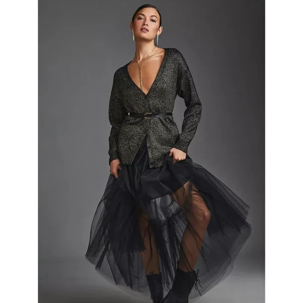 Velvet by Graham & Spencer Lurex Cotton Cashmere Blend Cardigan Black Metallic M - Image 2