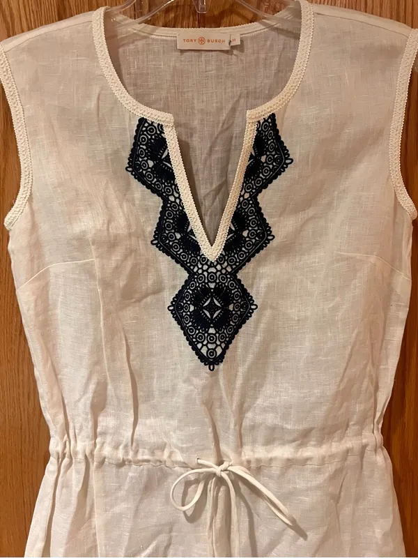 Tory Burch Margarita‎ Cream Linen Tunic Cover-Up Navy Blue Embroidery Size XS - Image 3