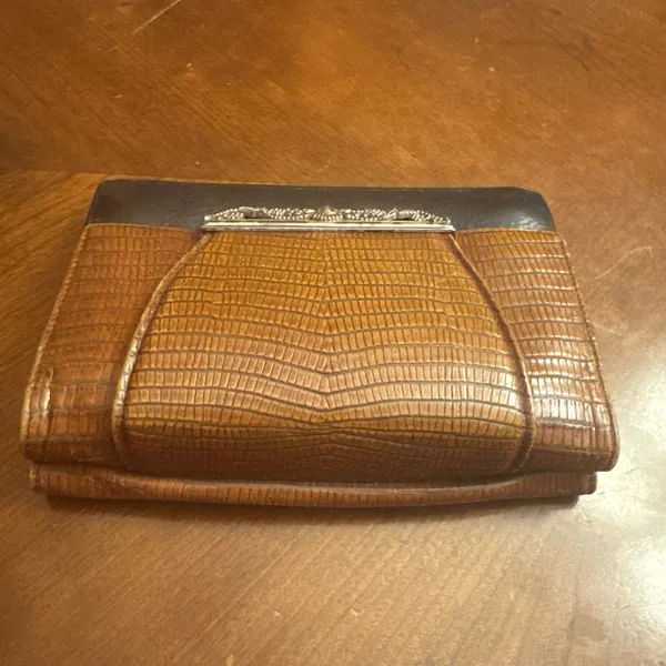 Brighton wallet Vintage Black Leather Brown faux reptile Clutch check - Image 2