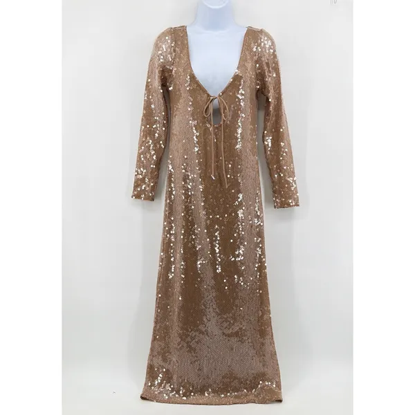 Bardot Verona Sequin Midi Dress XL US 10 Long Sleeve Keyhole Gold Bronze - Image 3