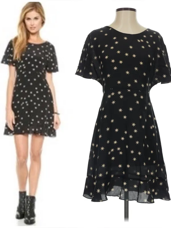 NWOT Pam & Gela Black & White Star Print Washed 100% Silk Flutter Sleeve Dress 6 - Image 4