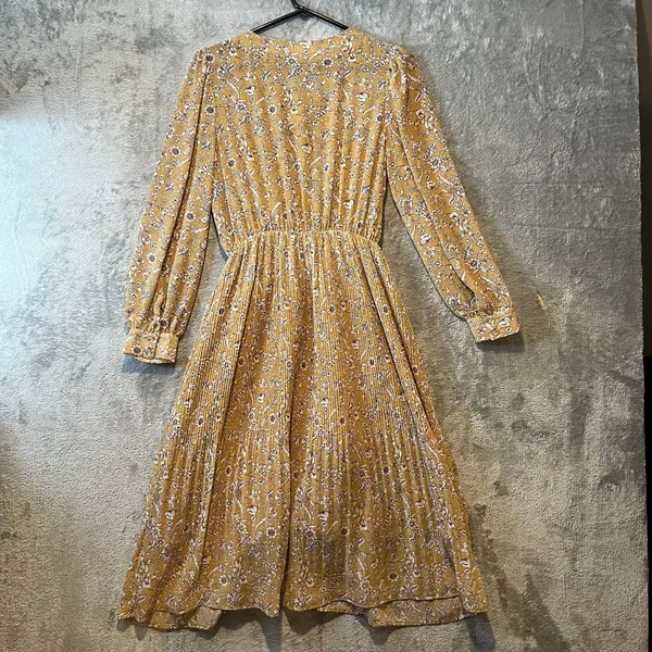 Floral Midi Dress Yellow Ruched Front Pleated Skirt Cottagecore Indie Feminine M - Image 5