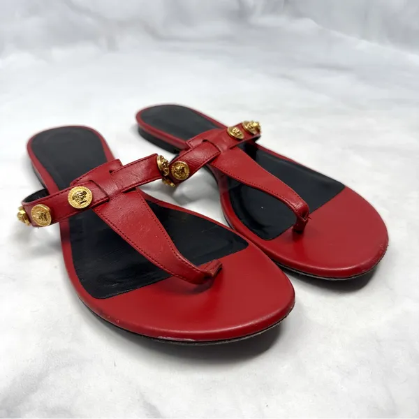 VERSACE Medusa Logo Studded Leather Thong Slide Flat Sandal Shoes Red Gold 38 - Image 3