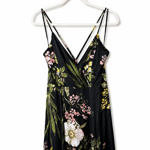NEW Lulus Black Floral Satin Surplice V-Neck Strappy Back Maxi Dress, Large - Image 4