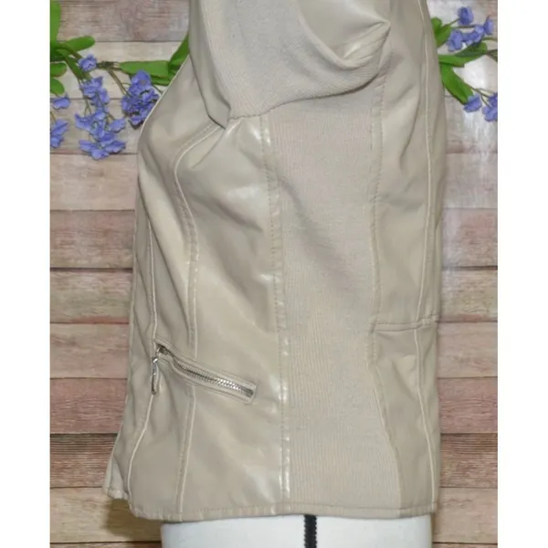 Therapy Faux Leather Moto Jacket Tan Stretch Panels Women’s Size S Zip Pockets - Image 6