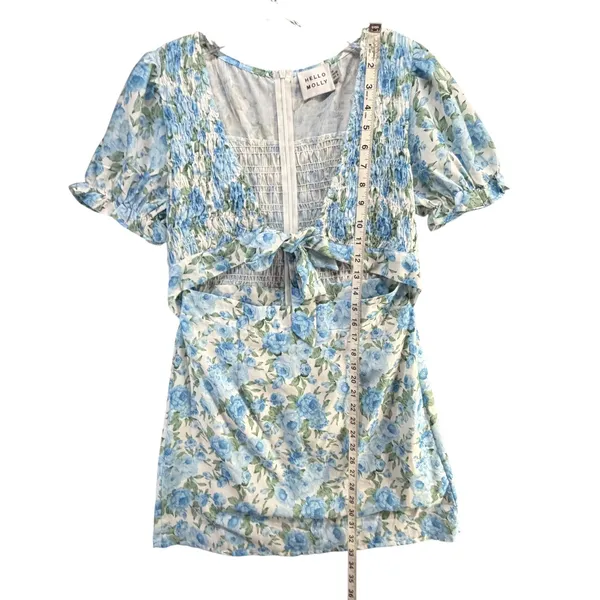 Hello Molly Picnic Loving Mini Dress Women M Blue Floral Smocked Cutout Coquette - Image 10