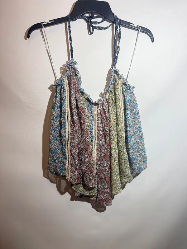 NWT Free People Costa Printed Halter Ruffle Ladder Lace Tank Top XS - Image 2