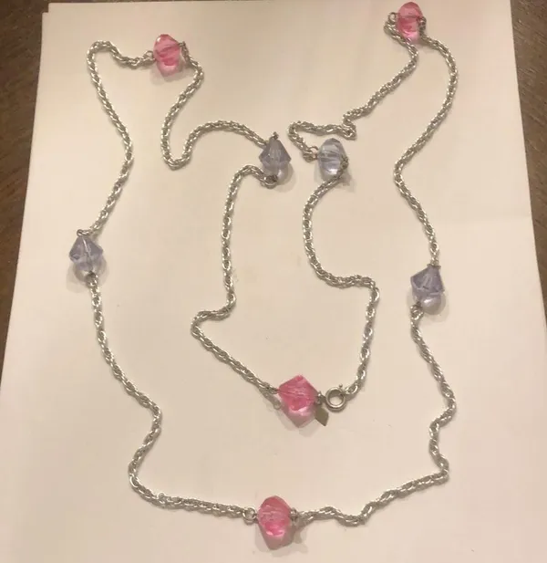 Sarah Coventry Vintage Silver Tone Pink & Blue Beaded Boho Necklace - Image 4