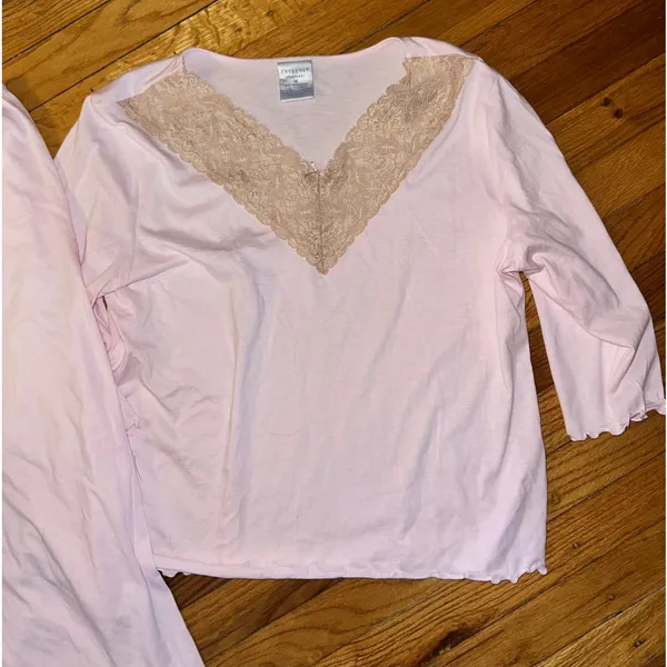 Cabernet Pink Tan Lace Trim Sleepwear Two Piece Pajama Set Size Medium - Image 5