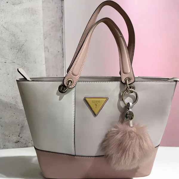 Guess Blush & Cream Colorblock Tote Bag Gold Logo Charm Pom Pom Large - Image 6