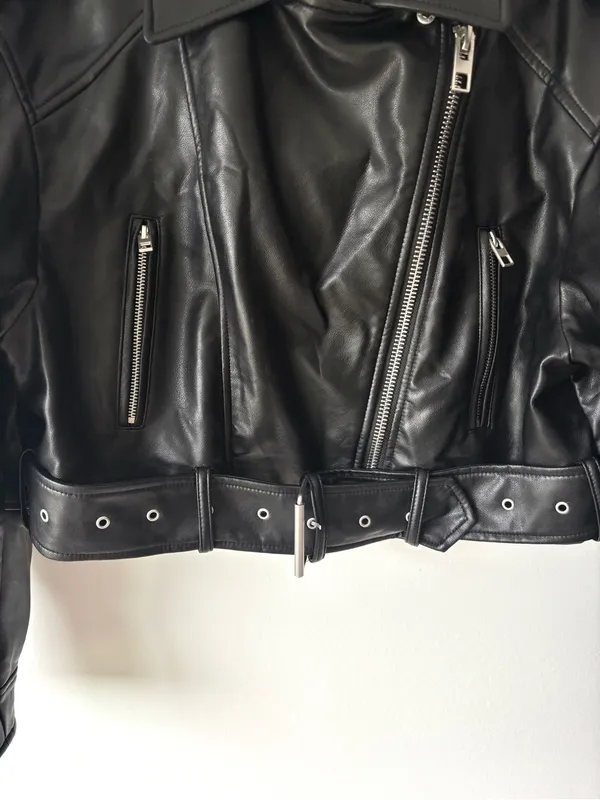 Zara Black Vegan Faux Leather Cropped Biker Moto Jacket Belted - Image 8