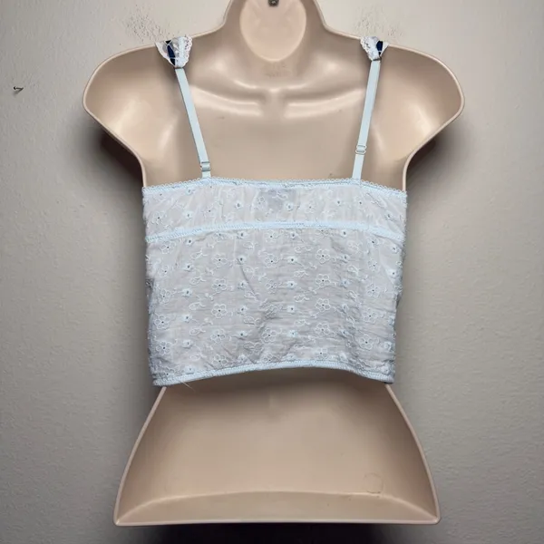 Women Coquette 100% Cotton Top XS Blue Eyelet‎ Lace Ribbon Corset Fairy - Image 9