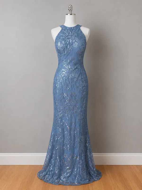Boutique #3-8 Dusty Blue Sequin High Halter Neckline Sleeveless Column Gown. - Image 3