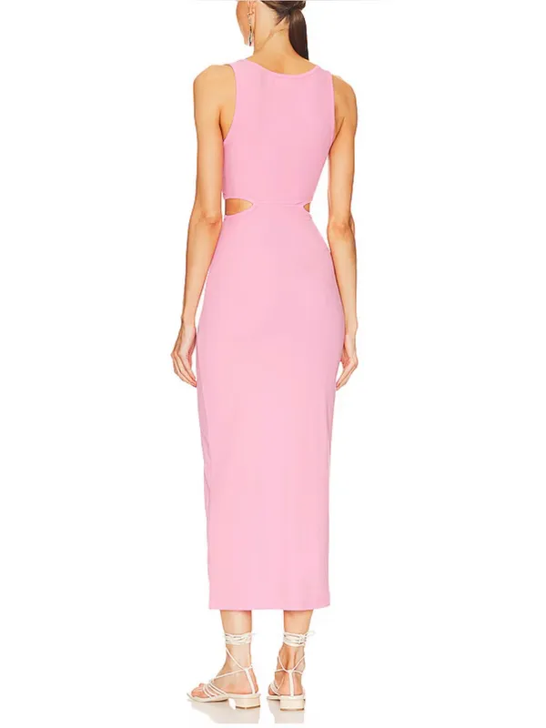 L*space Skyler Dress Ribbed Pink Cutout Side Slit Sleeveless Midi SMALL in Guava - Image 2