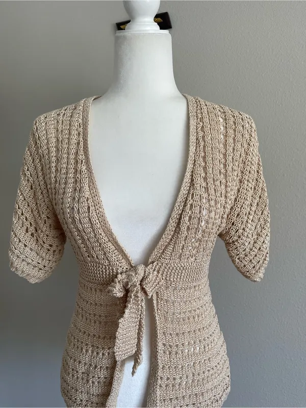 Women's Crochet Tie-Front Shrug in Beige - Image 2