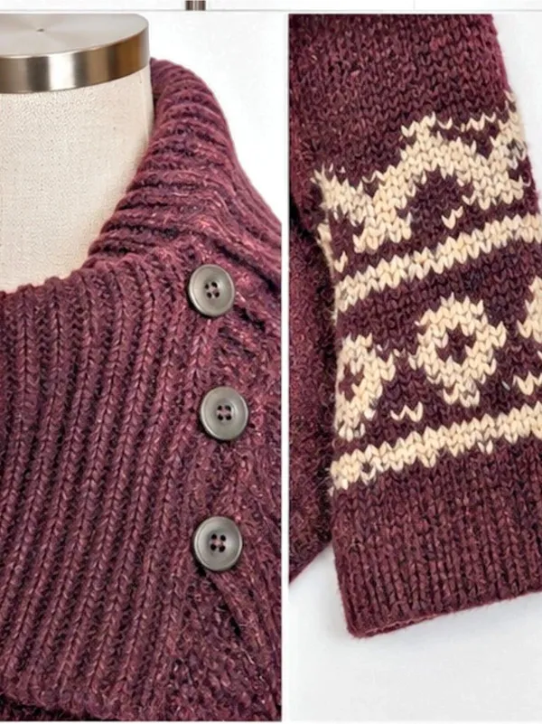 Free People Ragnar Fair Isle Oversized Wool Blend Cowl Neck Sweater Burgundy - Image 4
