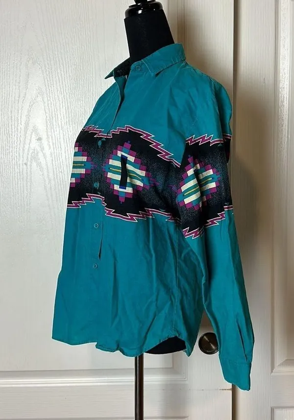 90s VINTAGE TEAL WESTERN ROPER COLLARED BUTTON UP LONG SLEEVE Blue Size M - Image 2