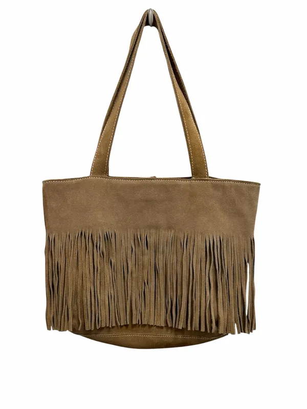 Suede Leather Fringe Shoulder Bag Tan - Image 10