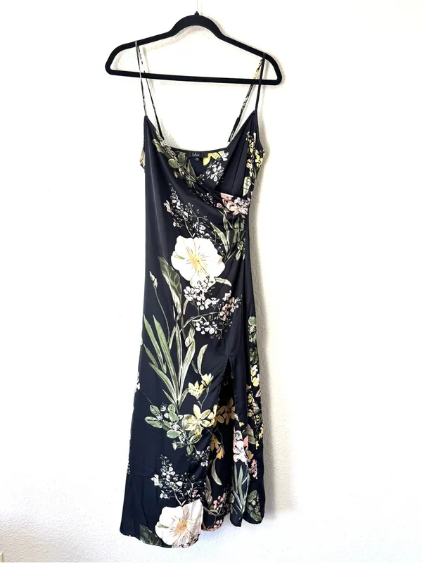 Lulus Remarkable Entrance Black Floral Print Satin Midi Dress Size XS - Image 2