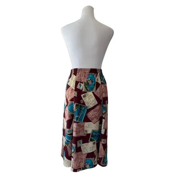 Vintage ‘90s Maggie Sweet Postcard Print Pleated Elastic Waist A-Line Midi Skirt - Image 6