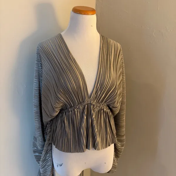 MIOU MUSE NWOT Plisse Dolman Sleeve Plunging V Neck Ruched Waist Top‎ Medium - Image 3