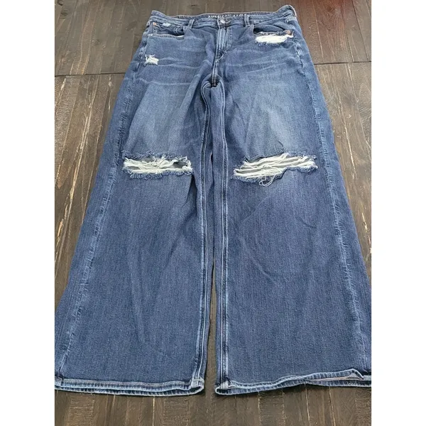 American Eagle Super High Rise Distressed Baggy Wide Leg Jeans Womens 14 Long - Image 3