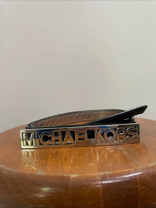 Michael Kors Black Quilted Silver MK Logo Buckle Belt Size Large - Image 3