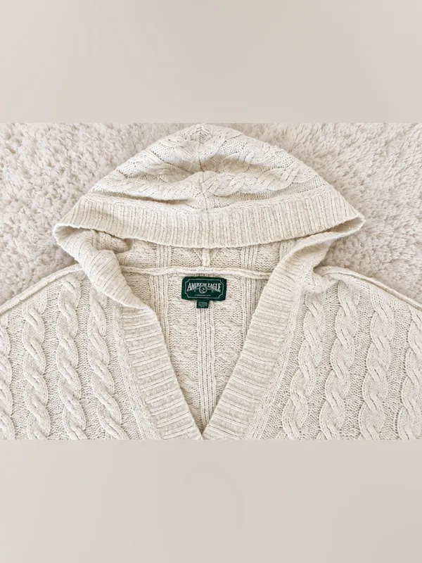 American Eagle Soft & Cozy Cable Knit Hoodie Sweater – Cream/Ivory – XL - Image 11