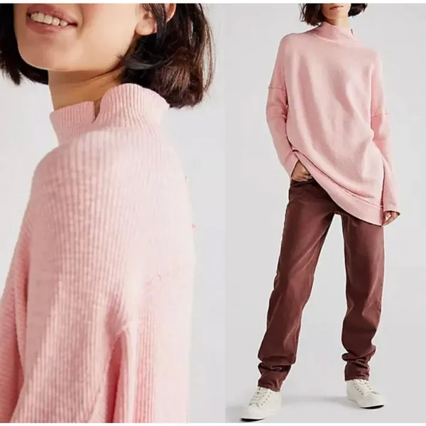 We The Free Pink Free People Casey Ribbed Knit Mock Neck Tunic Longline Sweater - Image 5