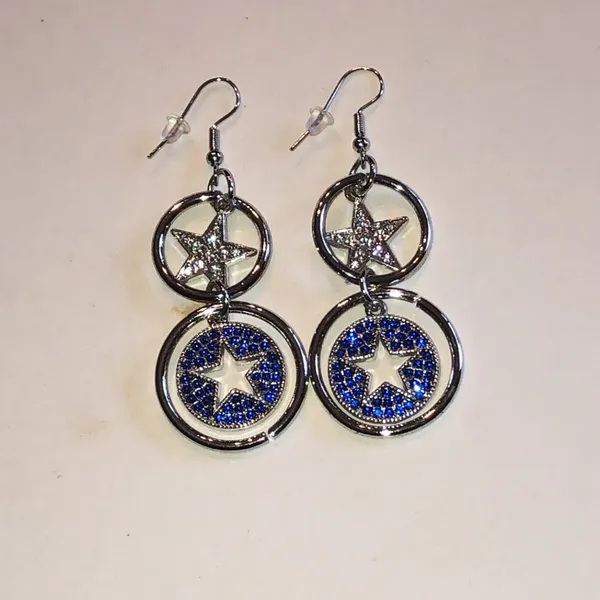 Silver Tone Star Drop Earrings with Blue Crystal Accents - Image 2