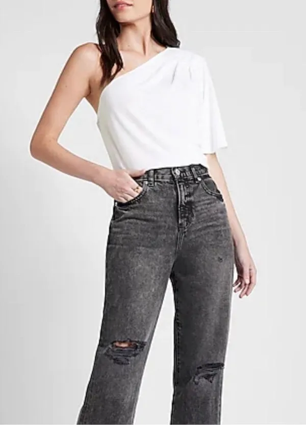 Express One Shoulder White T-Shirt Size XS - Image 3