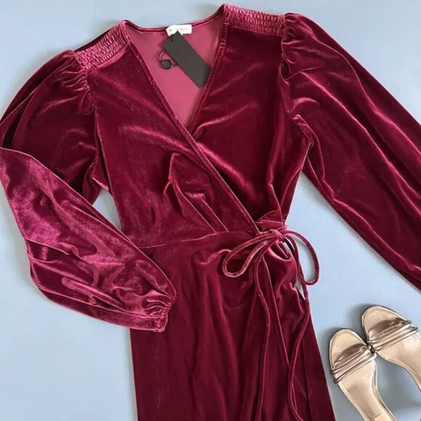 NWT Gianni Bini Leighton Merlot Red Velvet Long‎ Sleeve Wrap Mini Dress - Image 5