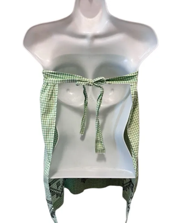 Vintage Green Check Cross Stitched Apron W/Pocket 2 Ways To Wear Top Tied Back - Image 4