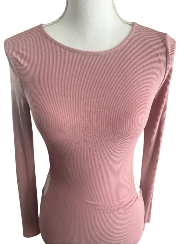 Long Sleeve Ribbed Pink Bodycon Dress - Image 2
