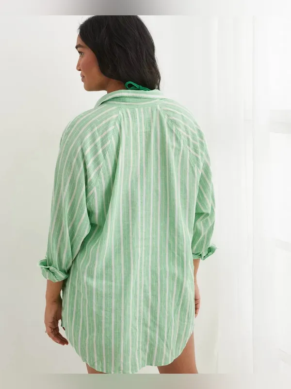 Aerie Green White Striped Linen Blend Coverup Button-Up Shirt - size L - Image 13