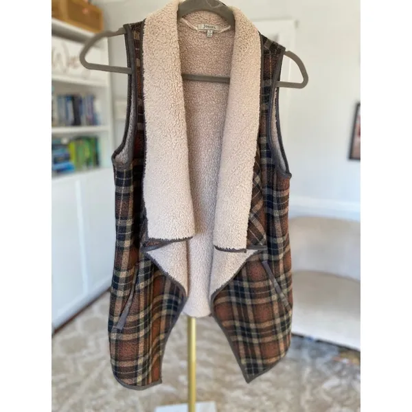 Jodifl‎ Plaid Sherpa Lined Longline Vest Cardigan Cozy Quiet Luxury Brown Camel - Image 2
