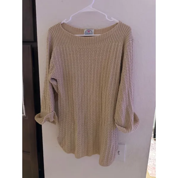 Thackery Tan Beige Ribbed Knit Boat Neck Sweater 3/4 Sleeve Cuffed Hem Size M - Image 2