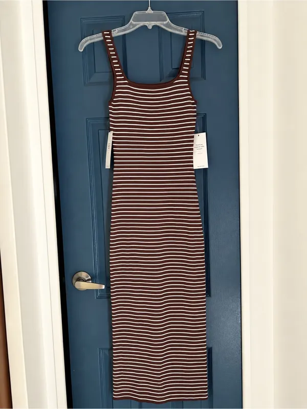 Double Zero Chocolate Brown & White Striped Ribbed Midi Tank Dress – Small NWT - Image 3